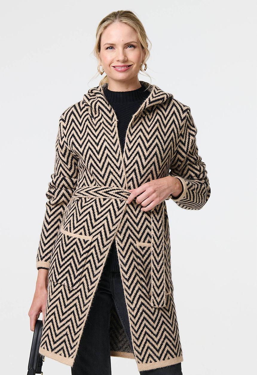 Izabel London - Chevron Striped Coatigan - Multi Beige
