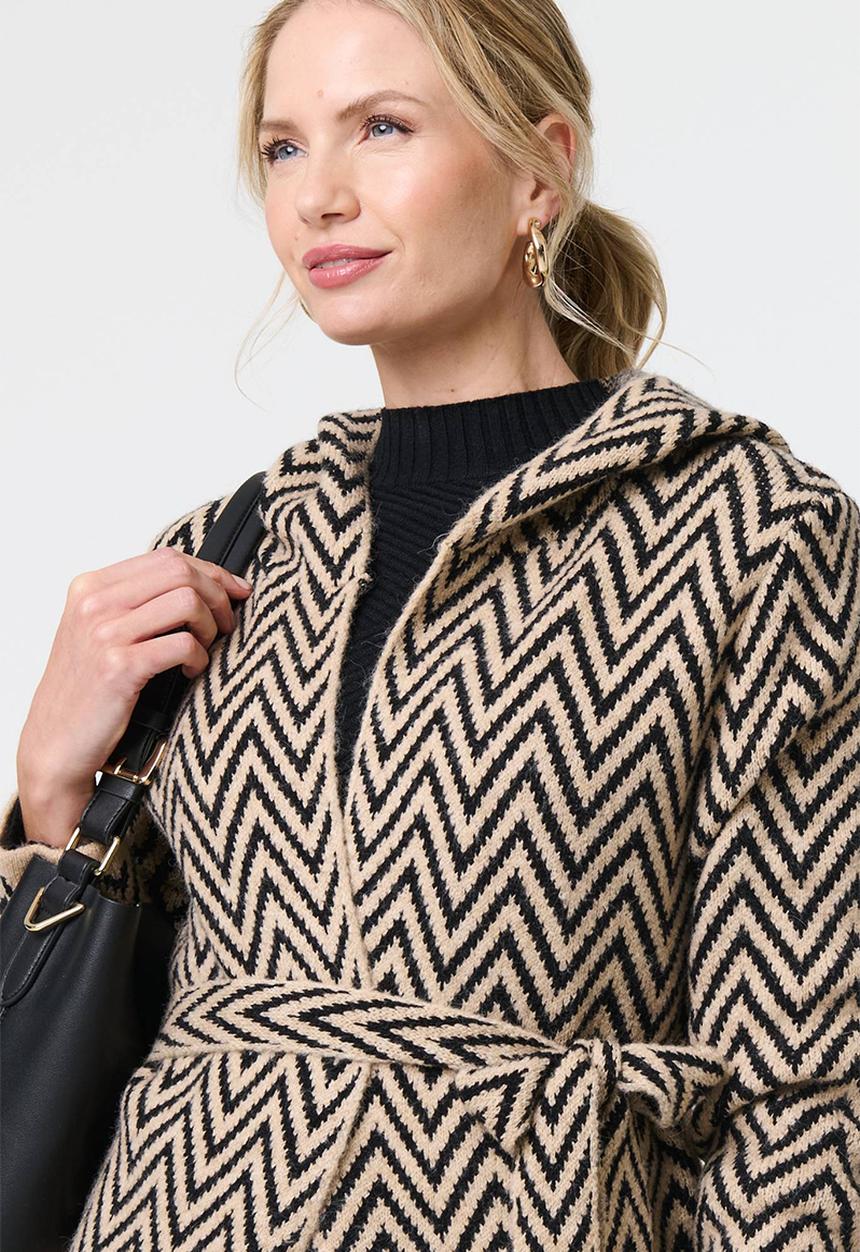 Izabel London - Chevron Striped Coatigan - Multi Beige