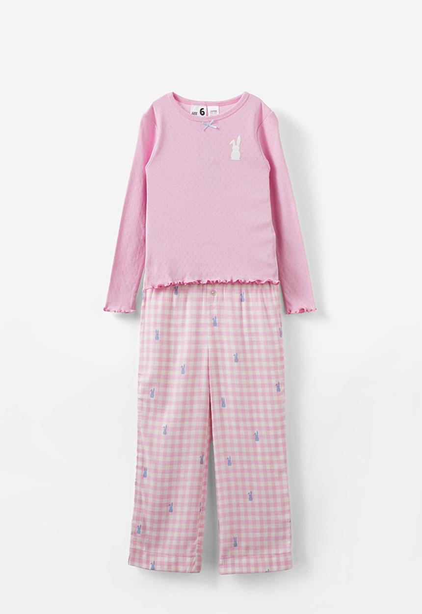 Cotton On - Leah long sleeve pyjama set - fairy pink gingham/ bunny