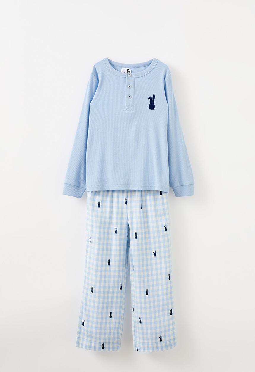 Cotton On - Leo long sleeve pyjama set - dawn blue gingham/ bunny