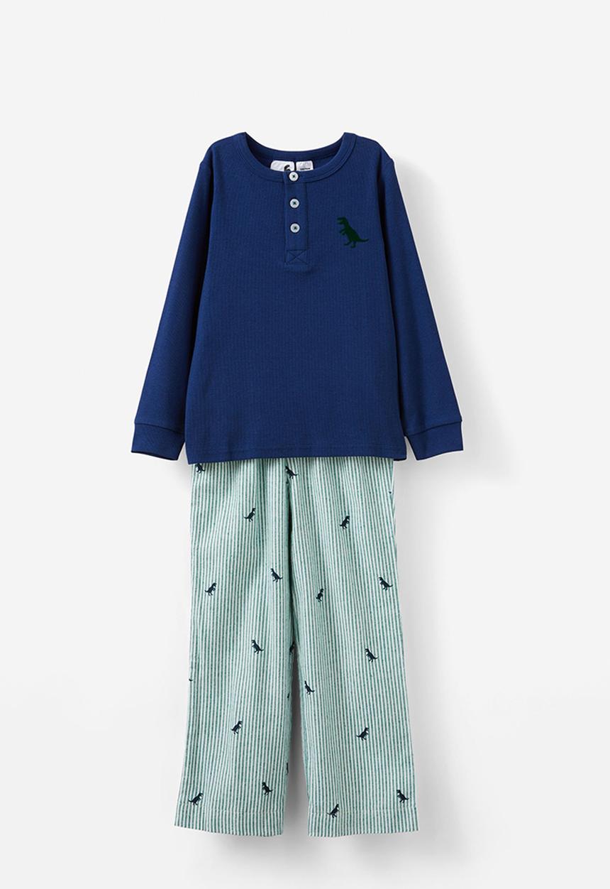 Cotton On - Leo long sleeve pyjama set - varsity green stripe/ dino