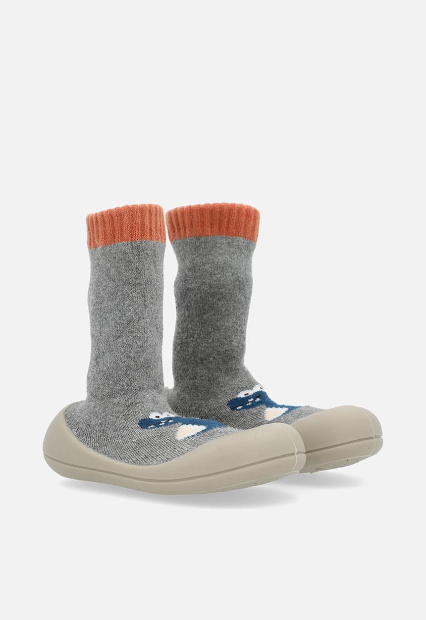 Pop Candy - Knit sock boot with rubber sole - grey/dark blue dino