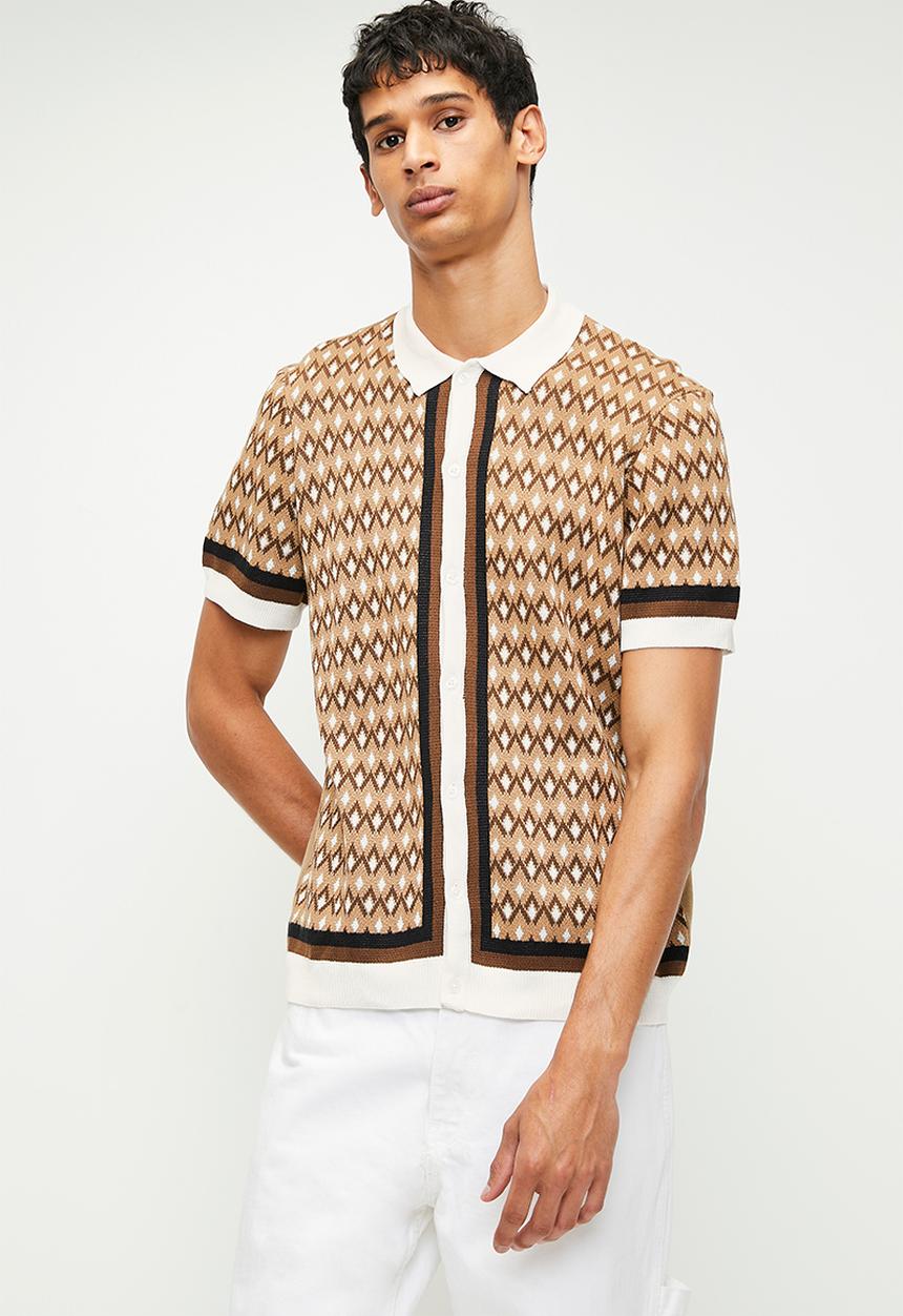 Brave Soul - Knitted Polo  - Tan & Vintage White