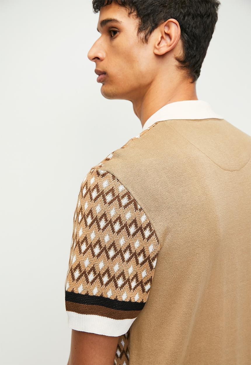 Brave Soul - Knitted Polo  - Tan & Vintage White