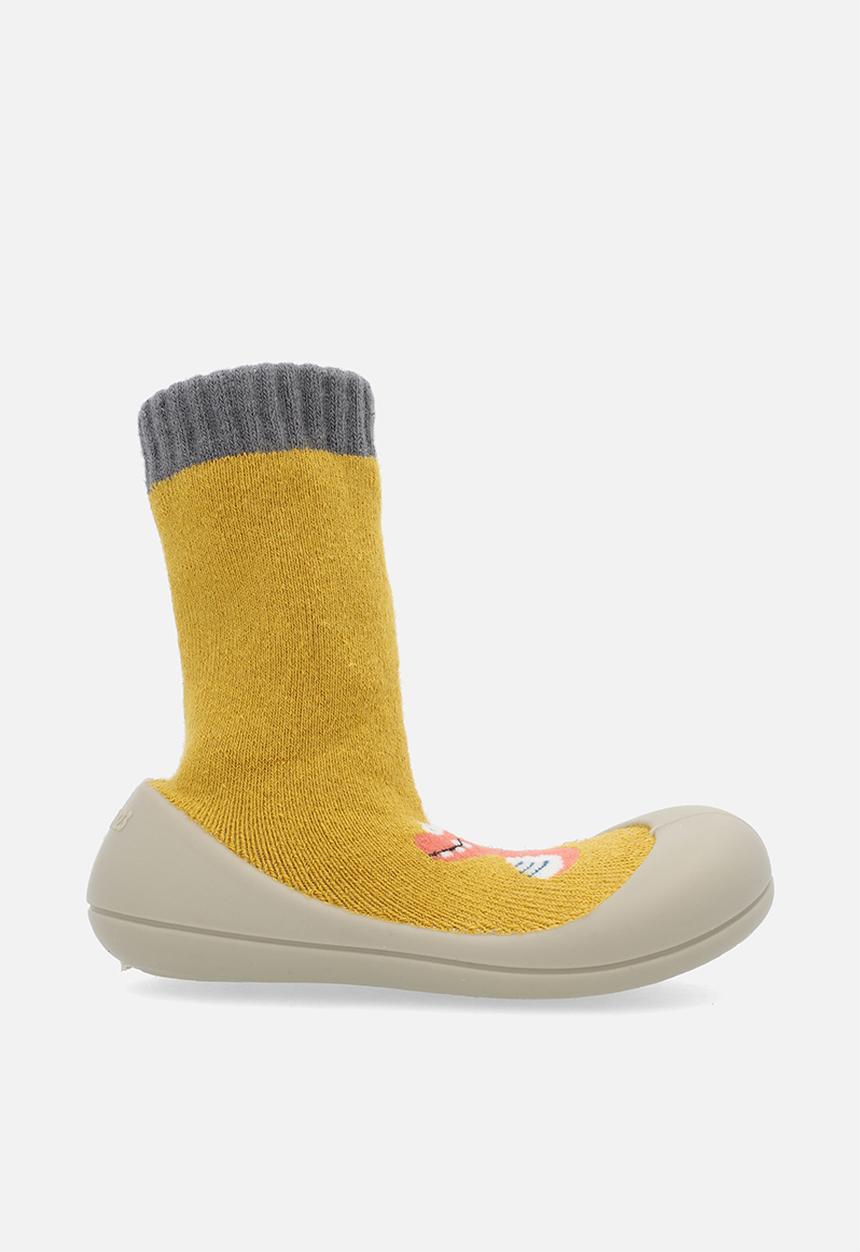 Pop Candy - Knit sock boot with rubber sole - mustard/orange dino