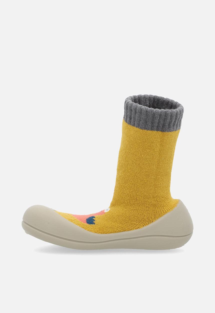 Pop Candy - Knit sock boot with rubber sole - mustard/orange dino