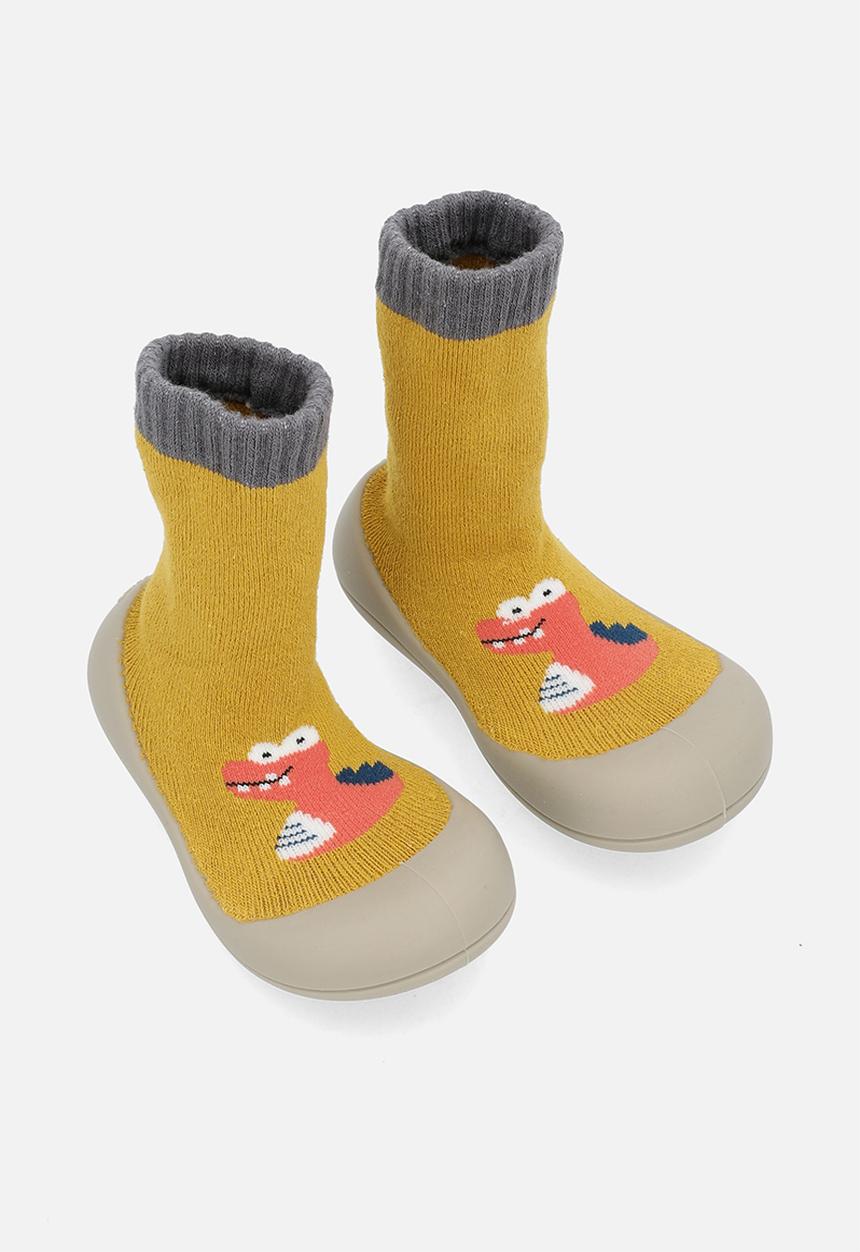 Pop Candy - Knit sock boot with rubber sole - mustard/orange dino