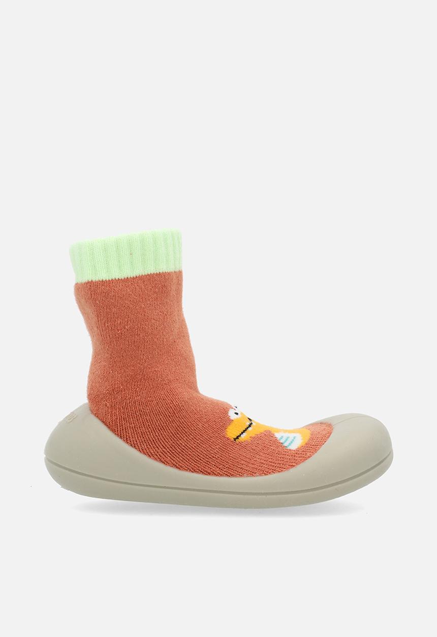Pop Candy - Knit sock boot with rubber sole - rust orange/yellow dino