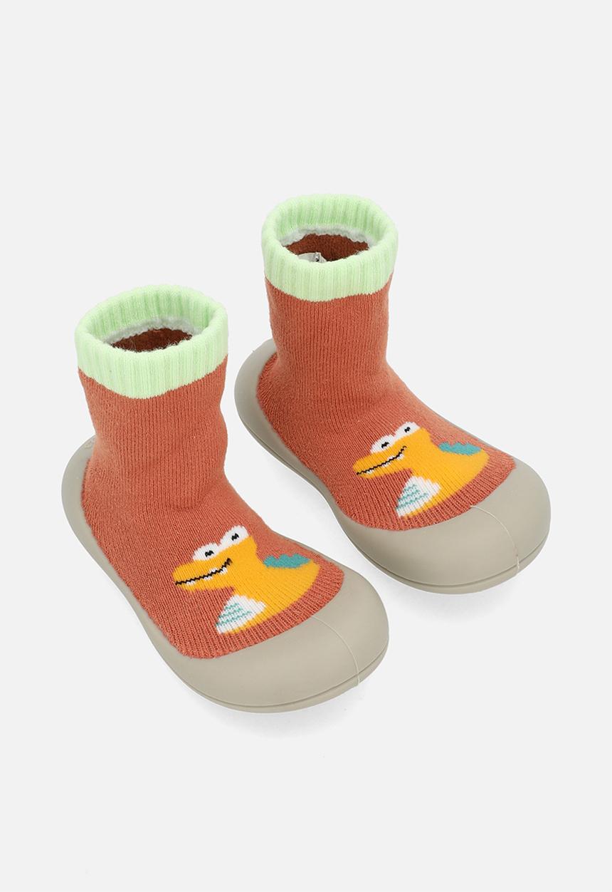 Pop Candy - Knit sock boot with rubber sole - rust orange/yellow dino
