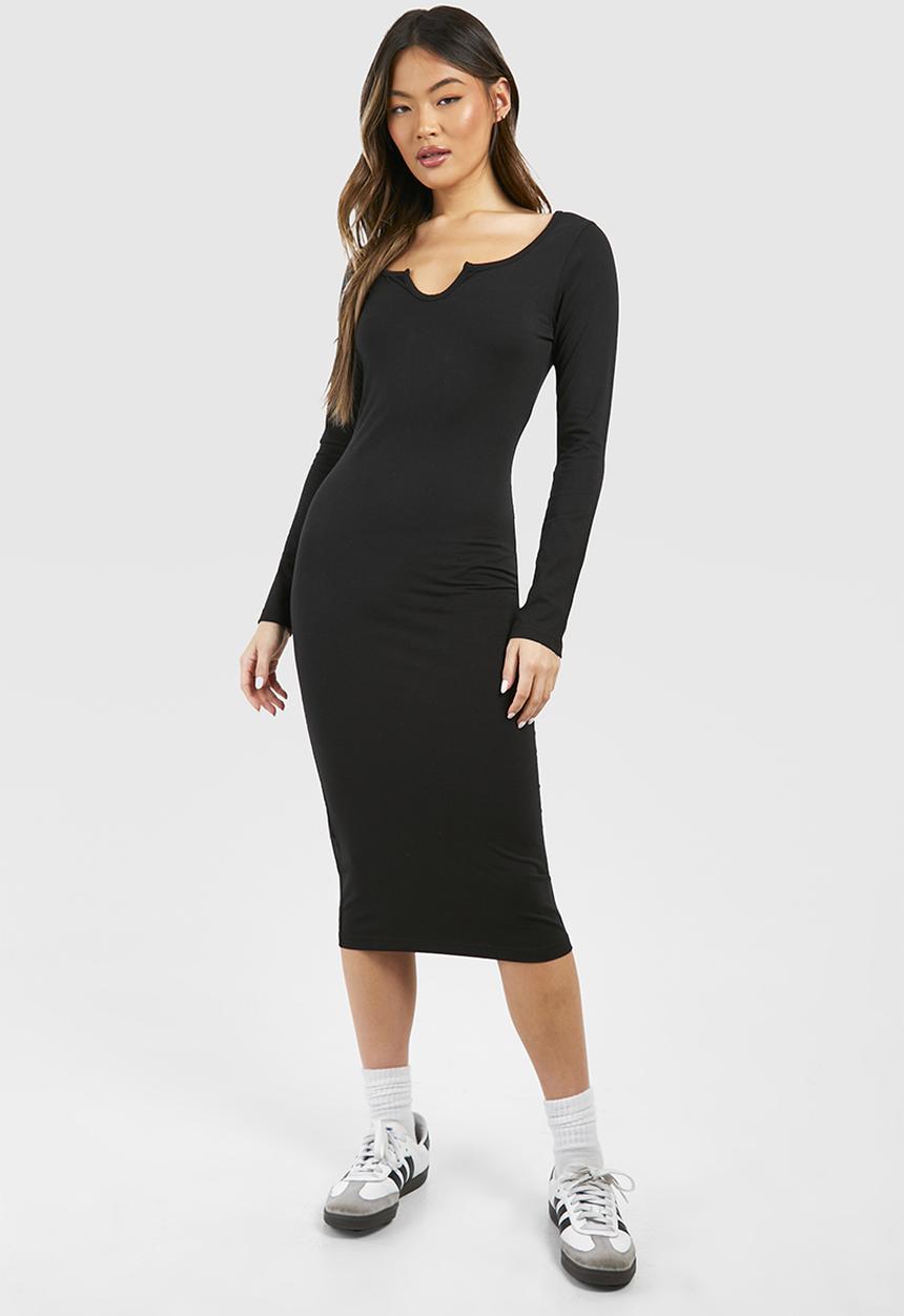 boohoo - Notch Neck Long Sleeve Jersey Midi Dress - Black