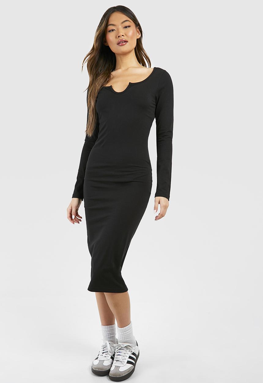 boohoo - Notch Neck Long Sleeve Jersey Midi Dress - Black