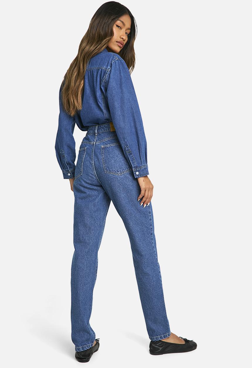 boohoo - Basics 32 Inch Leg High Waisted Slim Fit Jeans - Washed Indigo