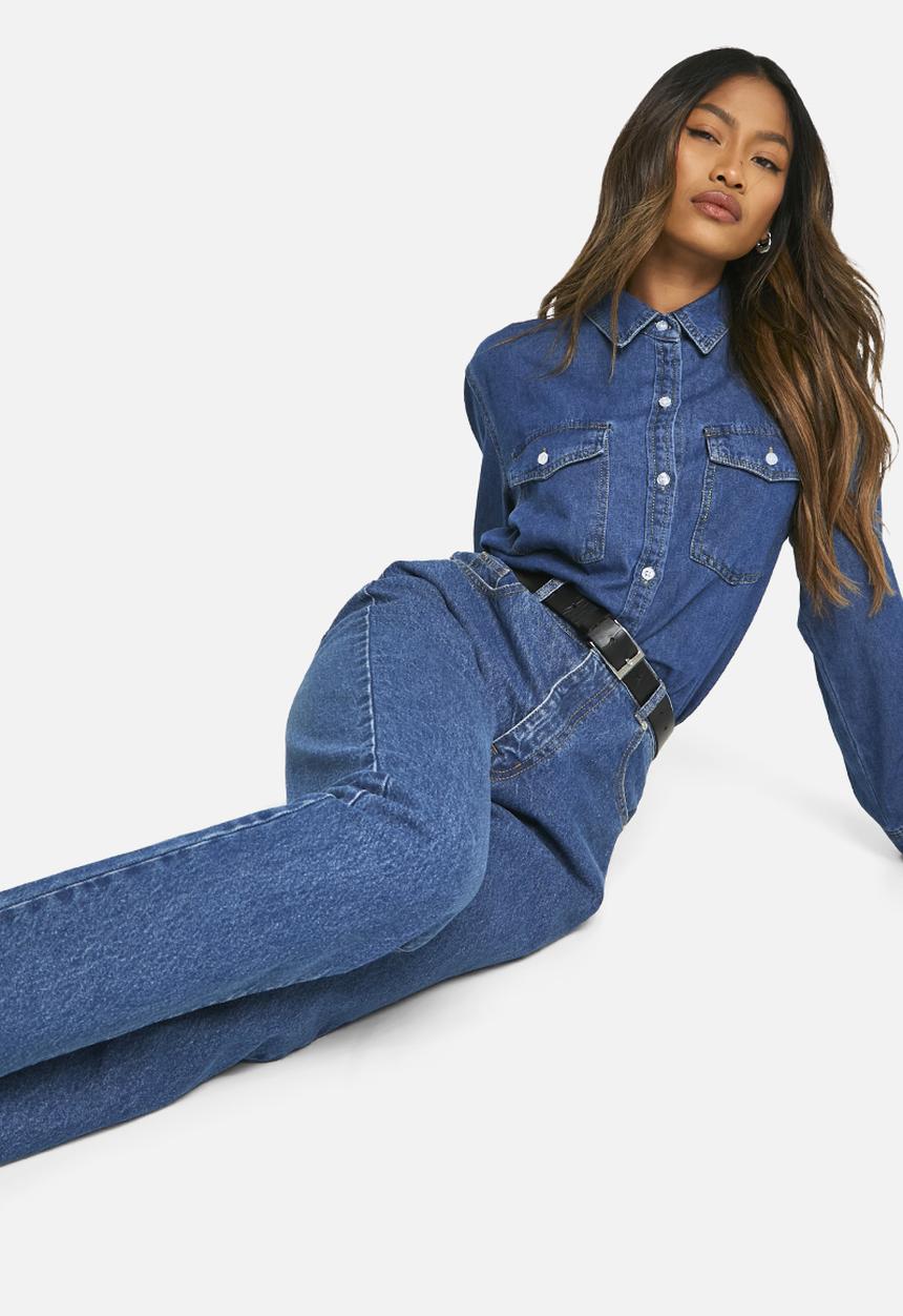 boohoo - Basics 32 Inch Leg High Waisted Slim Fit Jeans - Washed Indigo