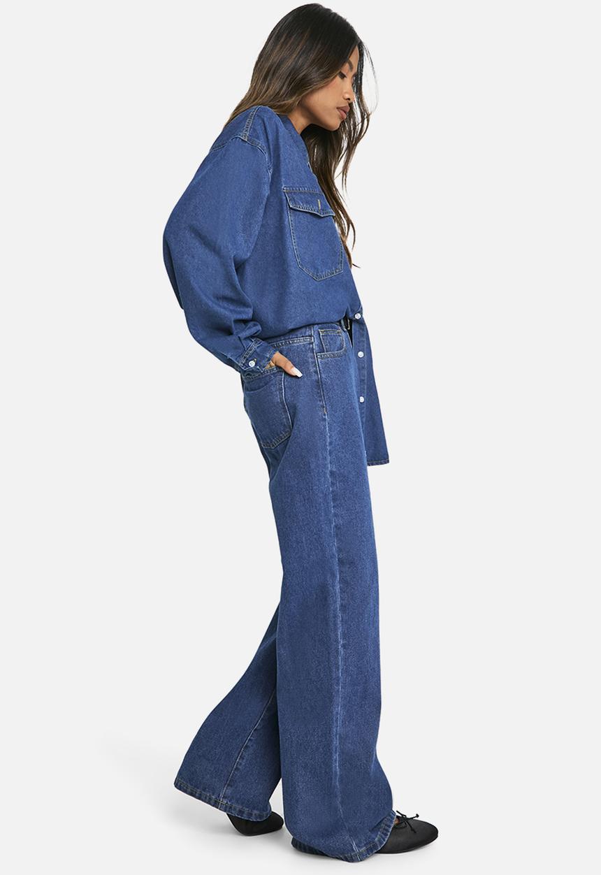 boohoo - Basics High Waisted Wide Leg Jeans - Mid Blue
