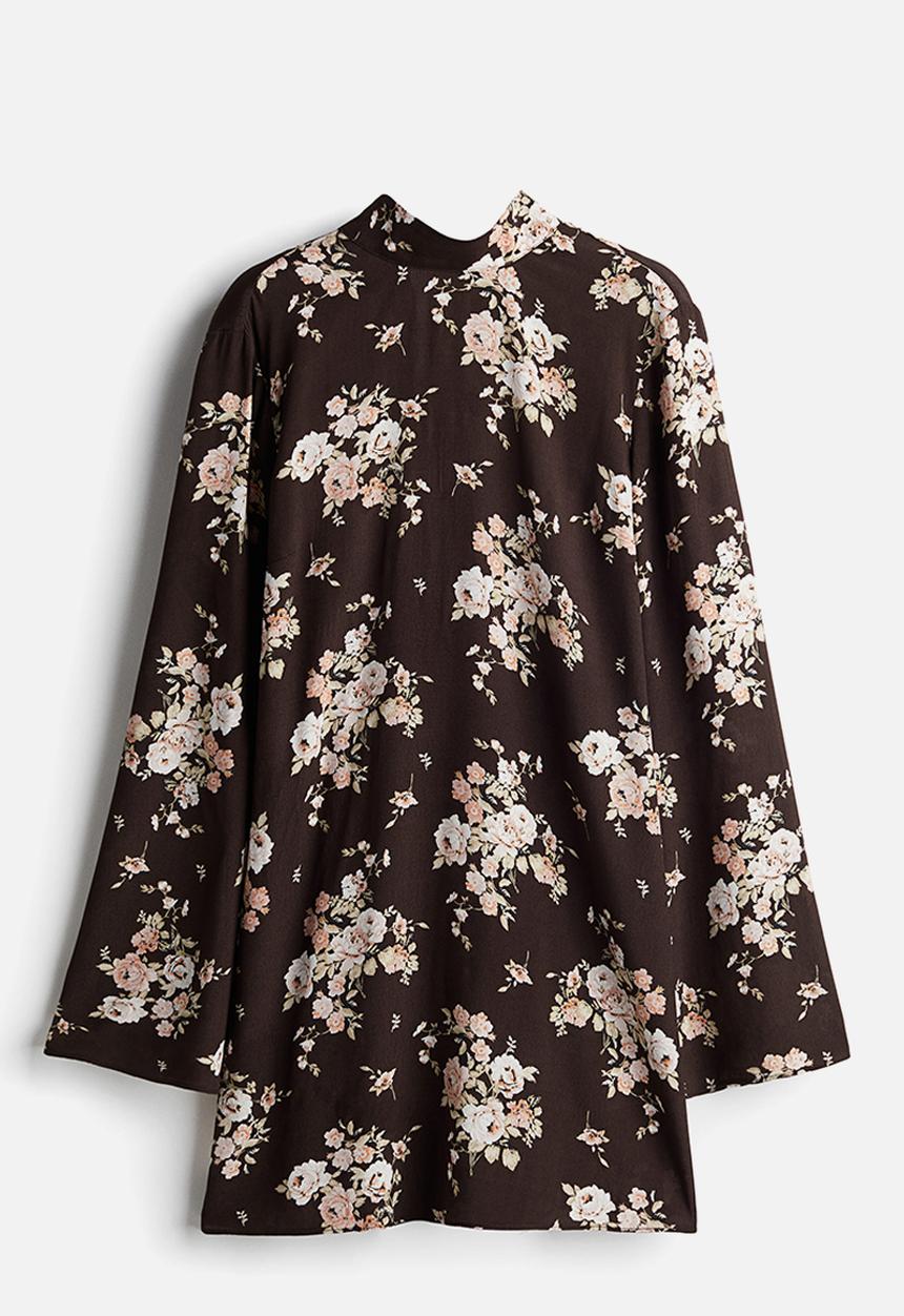 H&M - Tie-detail open-back dress - dark brown/floral