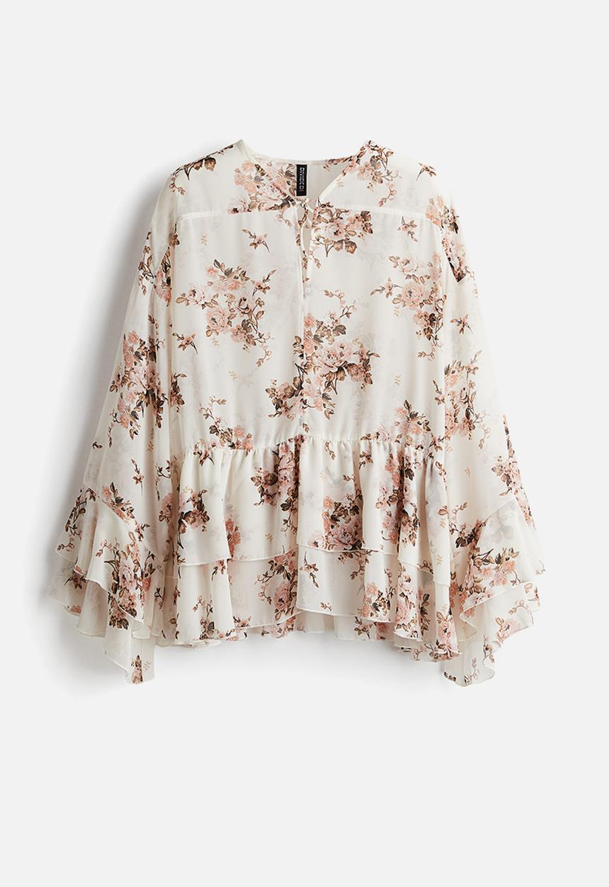H&M - Flounced chiffon blouse - cream/floral 