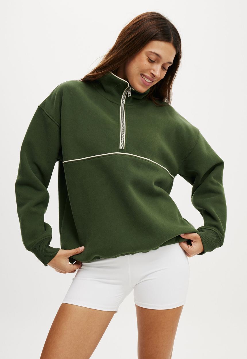 Cotton On - Plus Plush Essential Half Zip Jumper - Forest Green/Coconut Milk