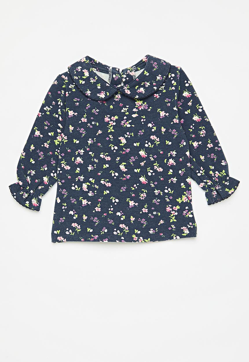 Pop Candy - Peter pan collar top - dark blue/floral multi