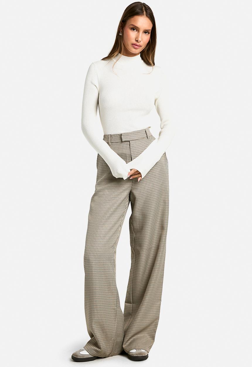 boohoo - Tonal Check Straight Leg Trousers - Stone