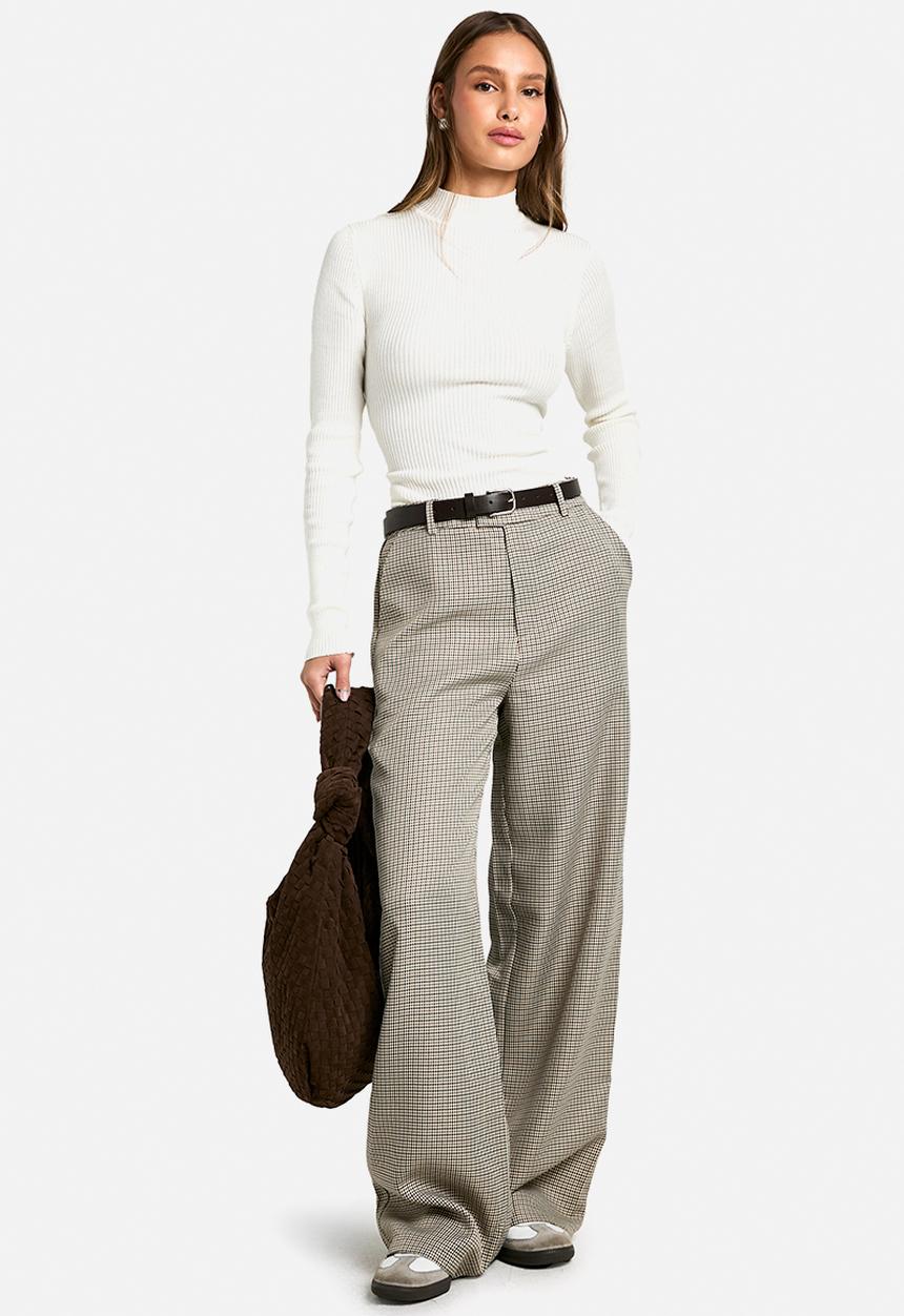 boohoo - Tonal Check Straight Leg Trousers - Stone