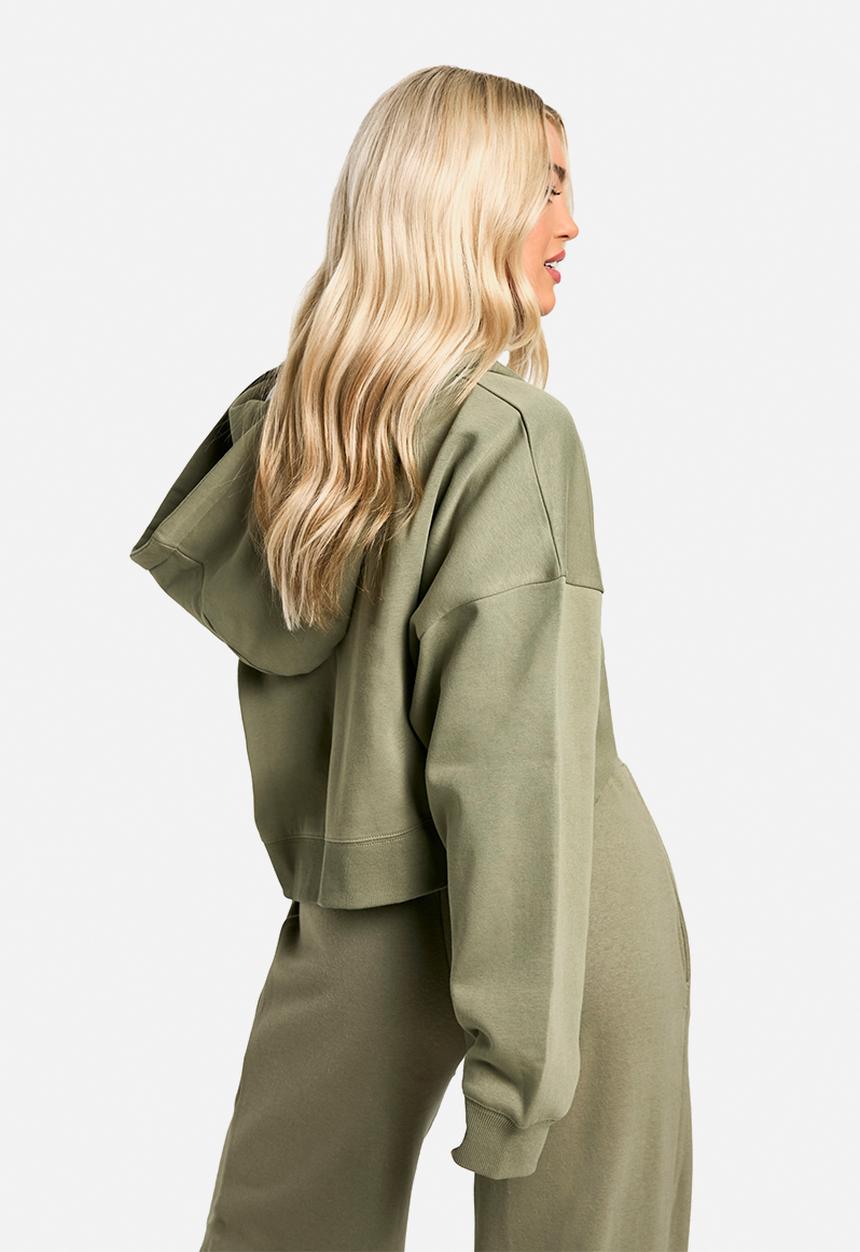 boohoo - Dsgn Studio Embroidered Boxy Crop Zip Through Hoodie - Khaki
