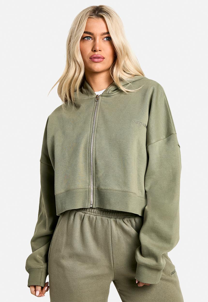 boohoo - Dsgn Studio Embroidered Boxy Crop Zip Through Hoodie - Khaki