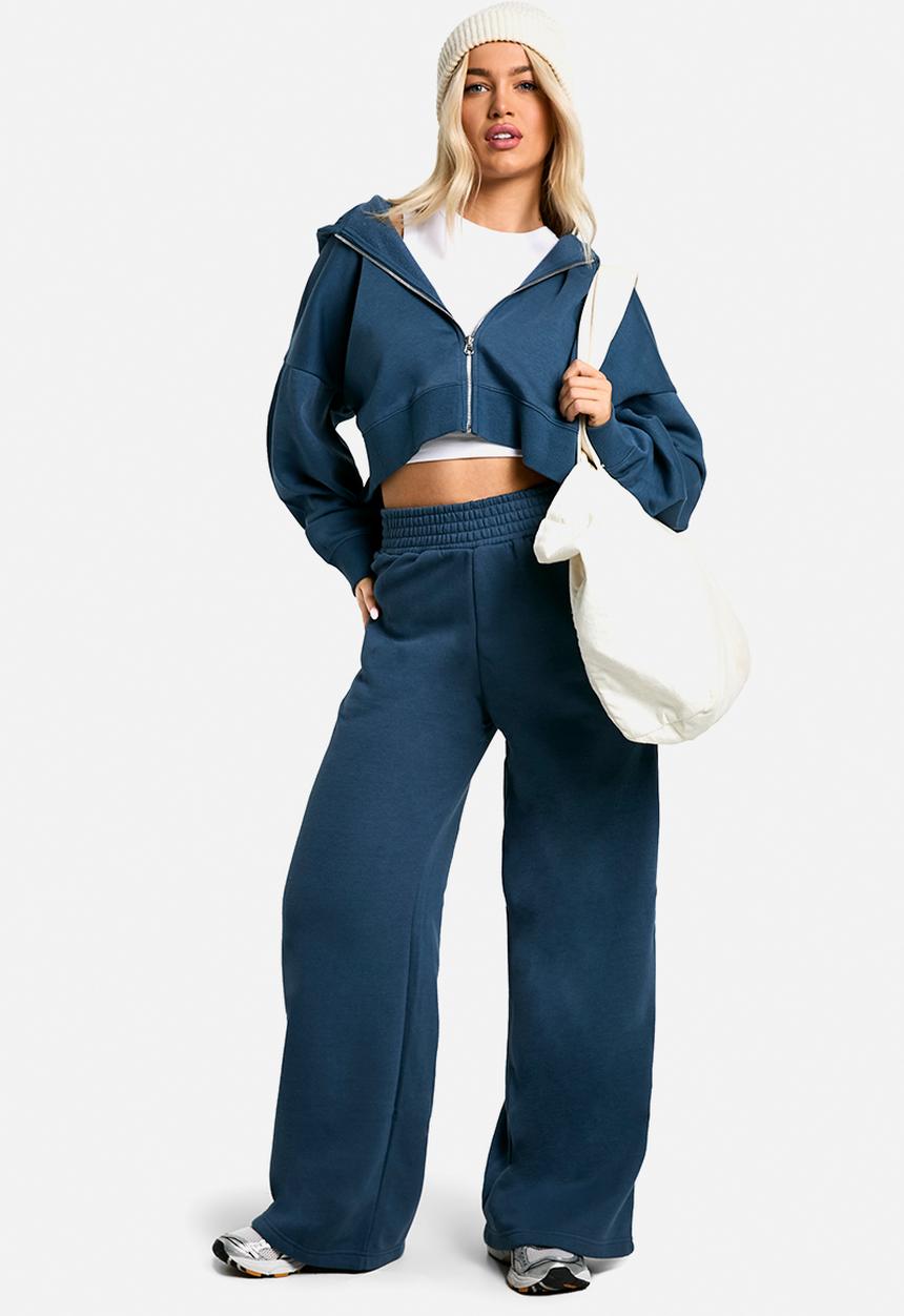 boohoo - Dsgn Studio Embroidered Boxy Crop Zip Through Hoodie - Petrol