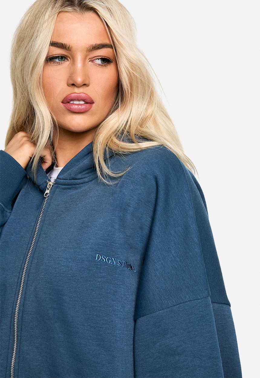 boohoo - Dsgn Studio Embroidered Boxy Crop Zip Through Hoodie - Petrol