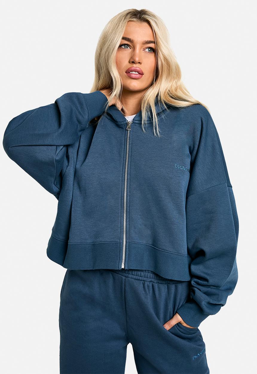 boohoo - Dsgn Studio Embroidered Boxy Crop Zip Through Hoodie - Petrol
