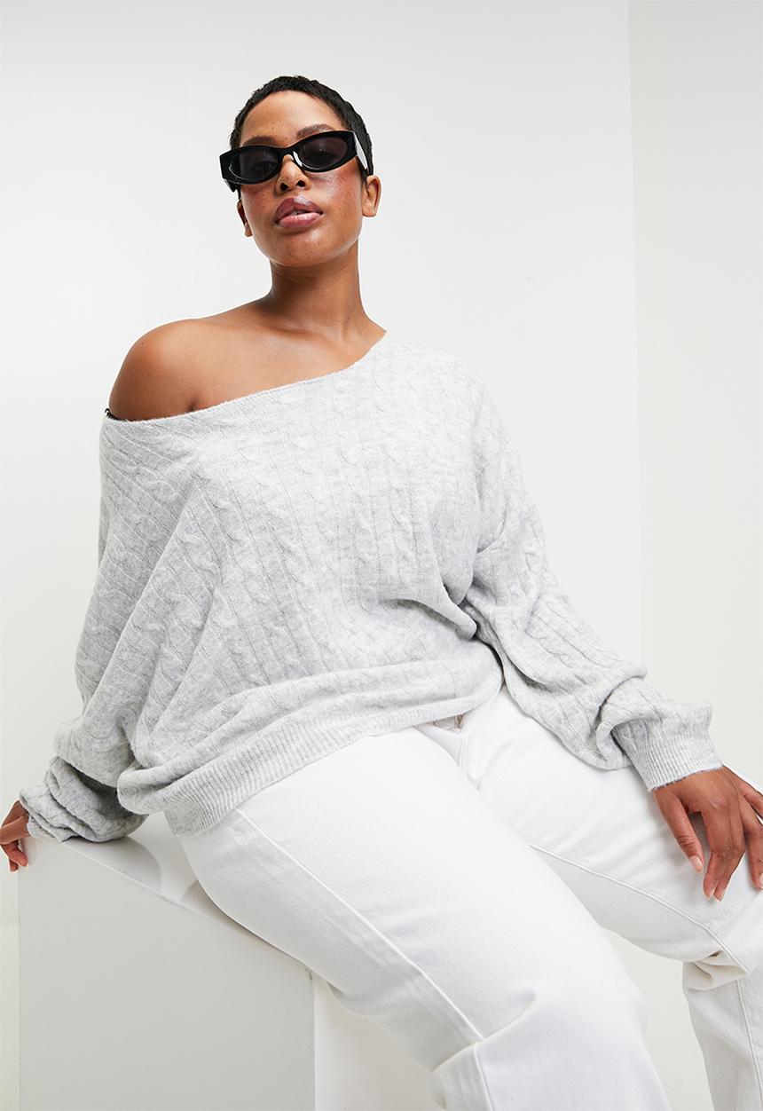 Cotton On - Plus Cable Off The Shoulder Knit Jumper - Light Grey Marle