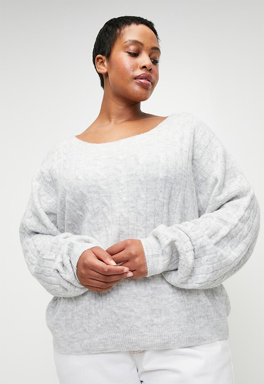 Cotton On - Plus Cable Off The Shoulder Knit Jumper - Light Grey Marle