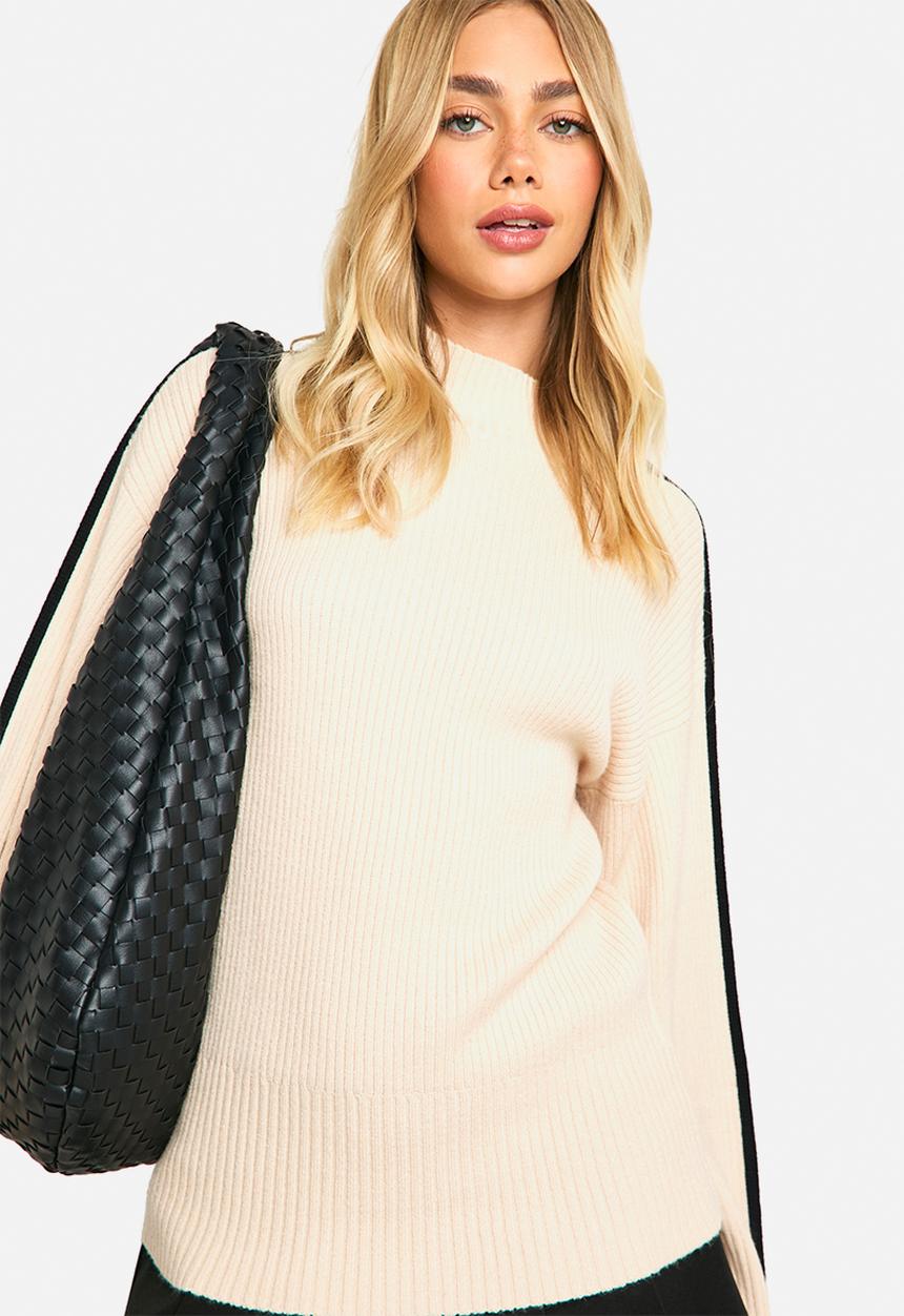 boohoo - Knitted Blanket Stitch Detail Crew Neck Oversized Jumper - Ecru