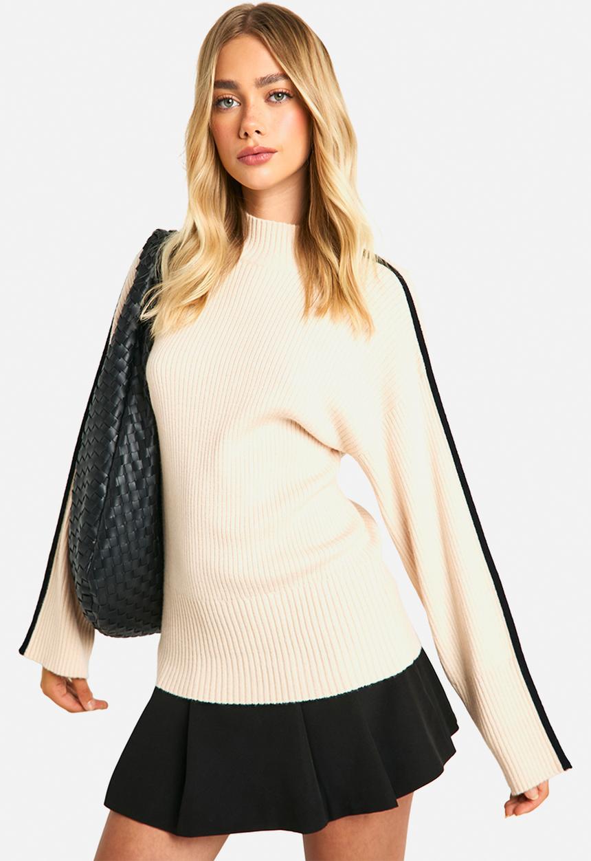 boohoo - Knitted Blanket Stitch Detail Crew Neck Oversized Jumper - Ecru