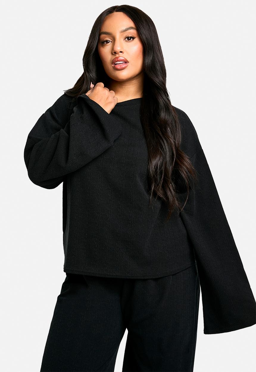 boohoo - Plus Long Sleeve & Wide Leg Trouser Co Ord - Black