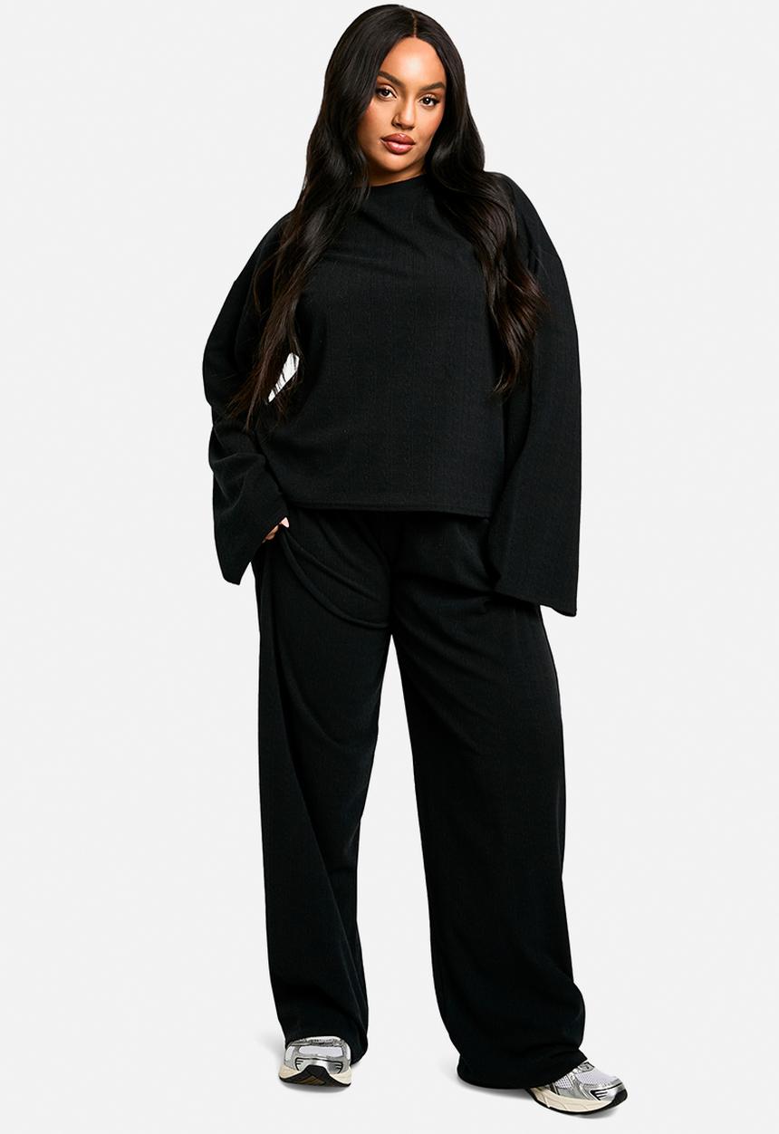 boohoo - Plus Long Sleeve & Wide Leg Trouser Co Ord - Black