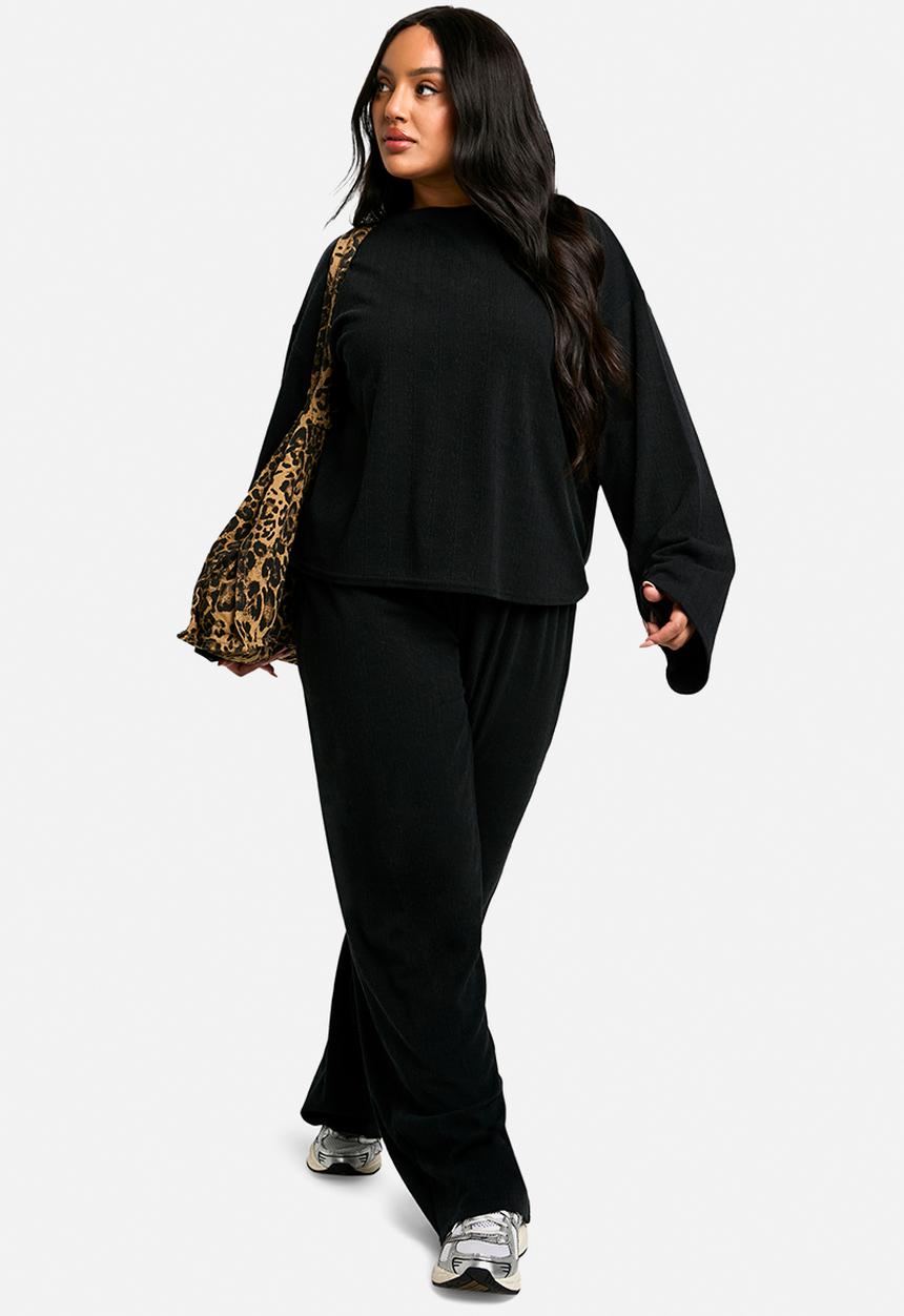 boohoo - Plus Long Sleeve & Wide Leg Trouser Co Ord - Black