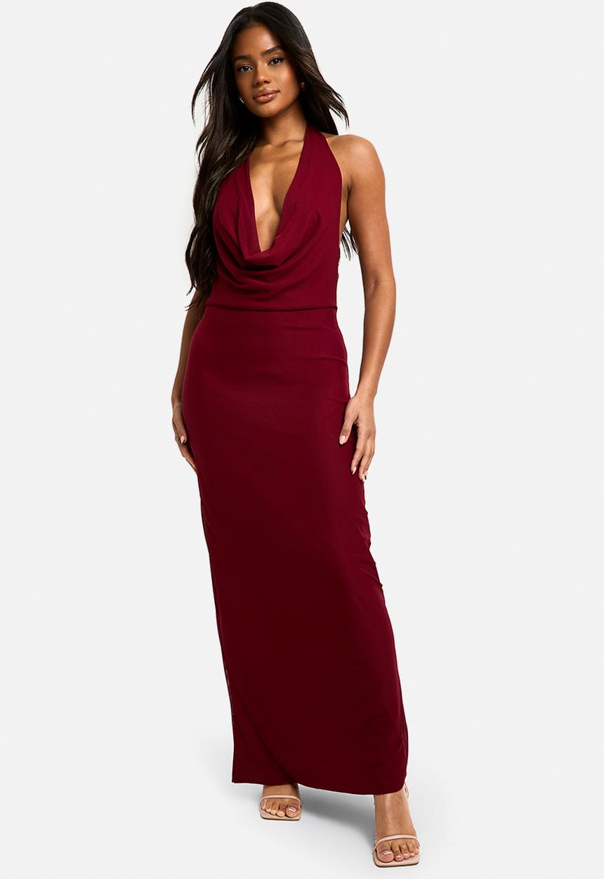 boohoo - Mesh Extreme Cowl Neck Maxi Dress - wine