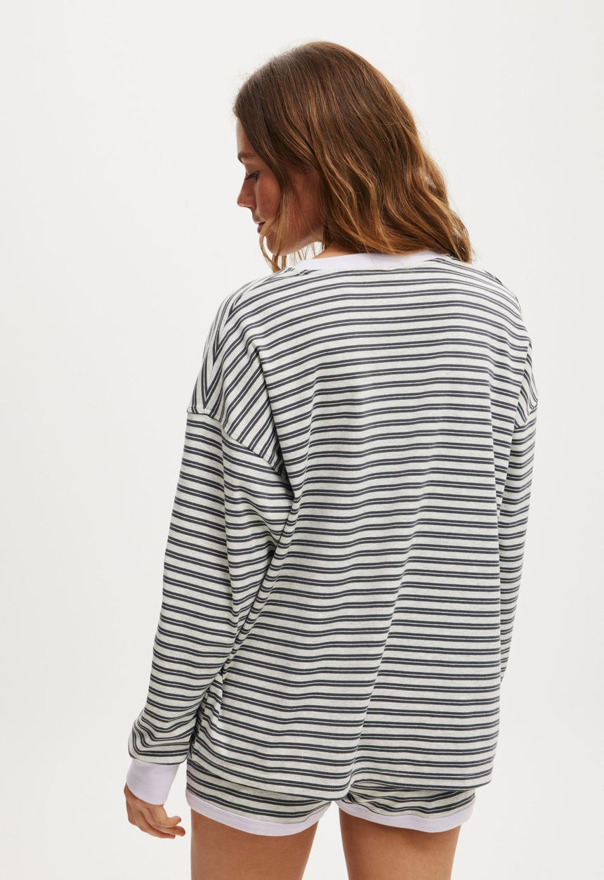 Cotton On - Stripe Lounge Long Sleeve - Black/Light Grey Marle Stripe
