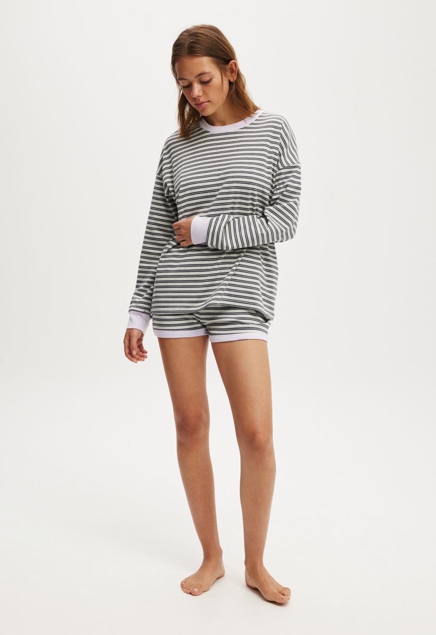 Cotton On - Stripe Lounge Long Sleeve - Black/Light Grey Marle Stripe