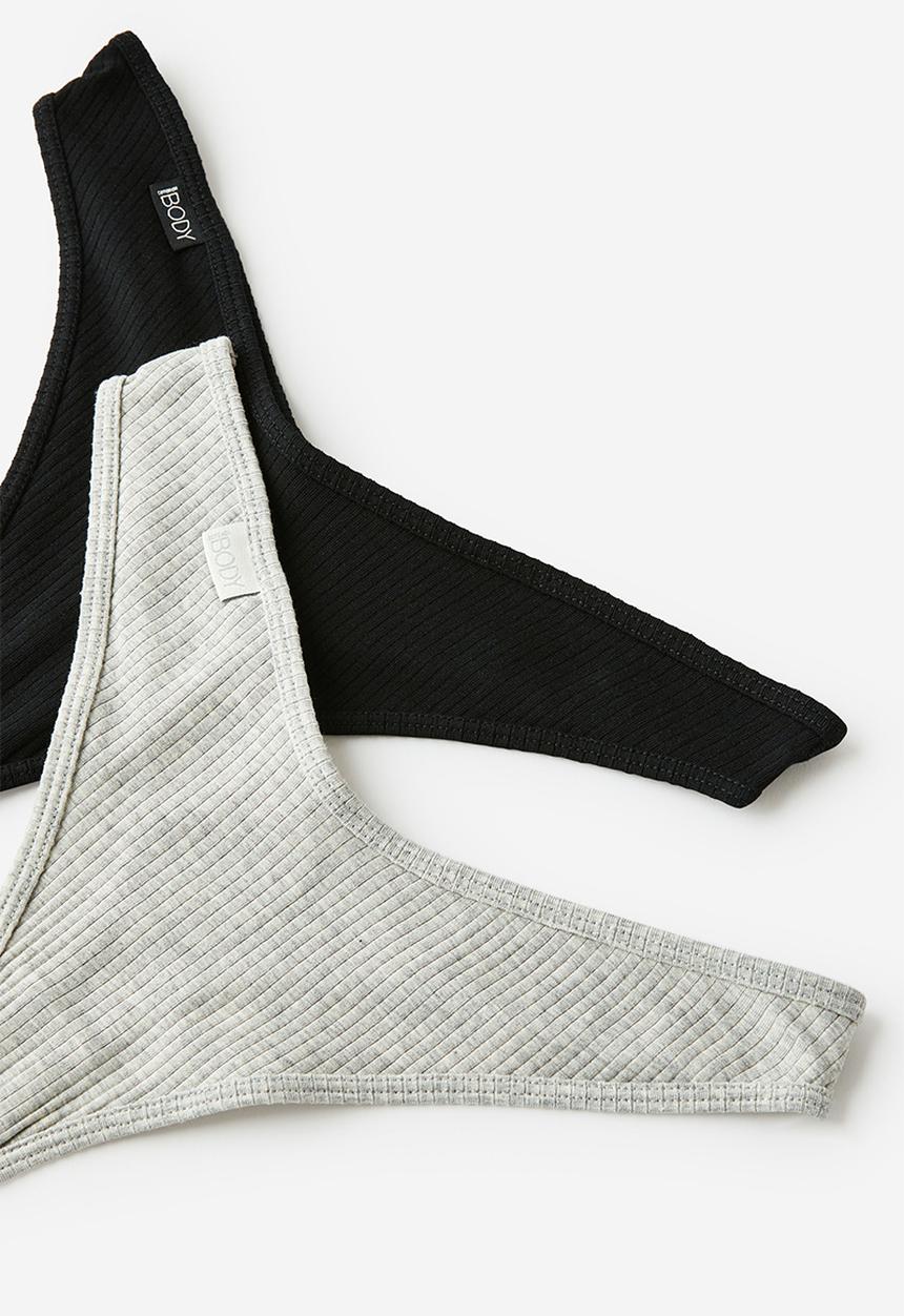 Cotton On - Organic Cotton Rib G String 2Pk - Black/Grey Marle