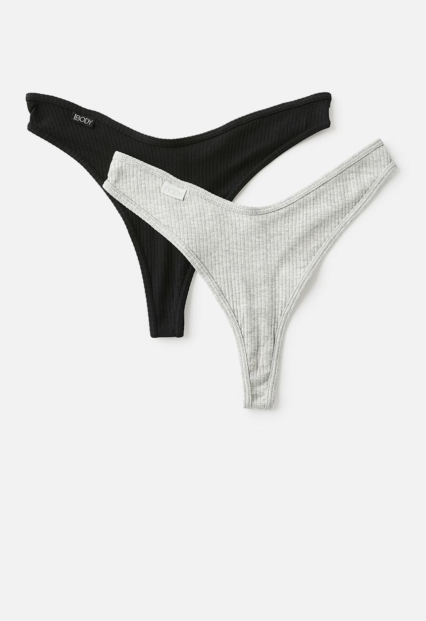 Cotton On - Organic Cotton Rib G String 2Pk - Black/Grey Marle