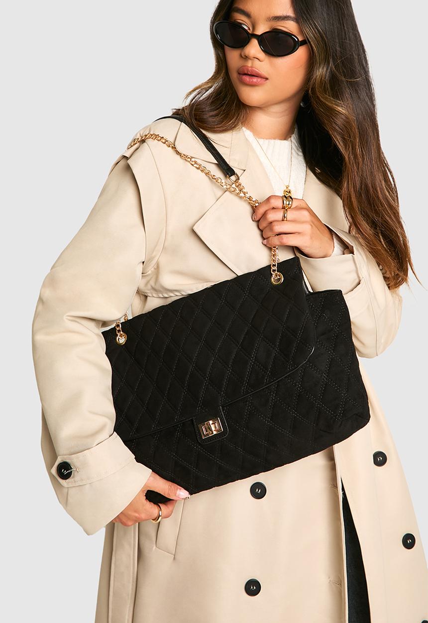 boohoo - Quilted Brushed Faux Suede Shoulder Bag - black