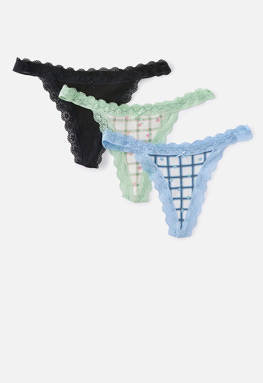 Cotton On - Organic Cotton Lace G String Brief 3Pk - Blck/Sallyditsywindsurfer/Sallyditsylilac