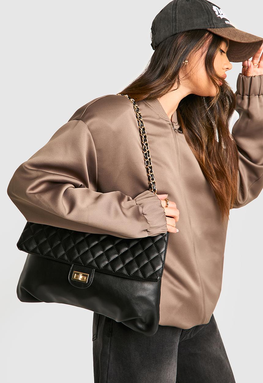 boohoo - Quilted Leather Look Shoulder Bag - black