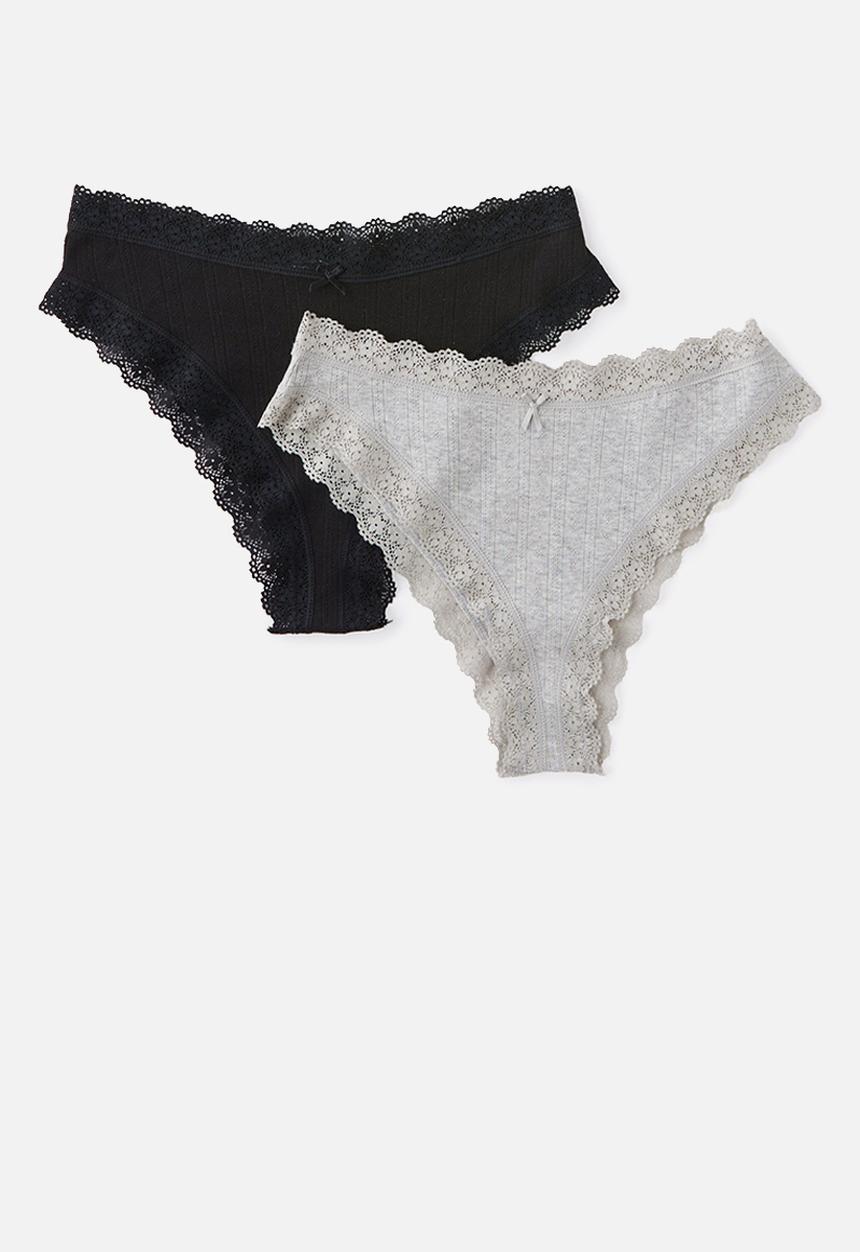 Cotton On - Organic Cotton Lace Cheeky Brief 2 Pack - Black/Grey Marle