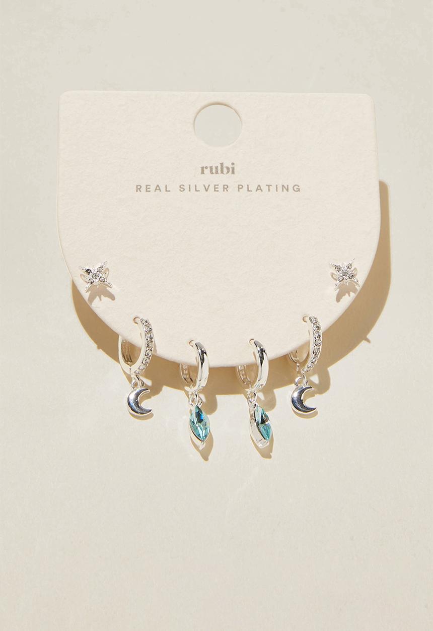 Rubi - 3 Pack small earring- silver plated dia aqua moon
