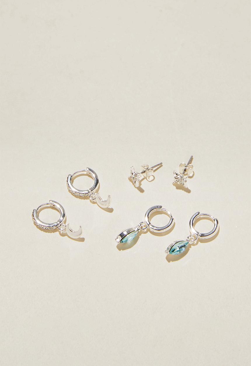 Rubi - 3 Pack small earring- silver plated dia aqua moon