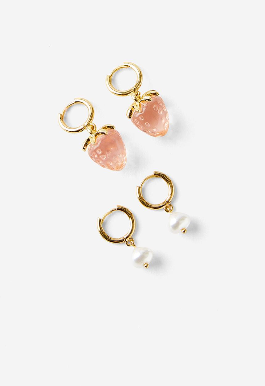 Rubi - 2 Pack mid earring - gold plated pearl strawberry