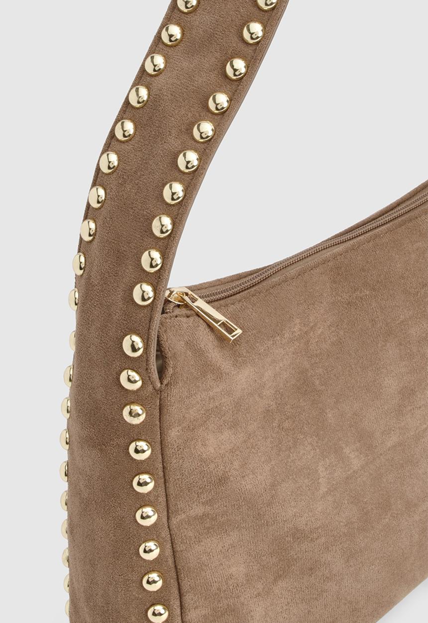 boohoo - Faux Suede Studded Handle Slouchy Shoulder Bag - taupe