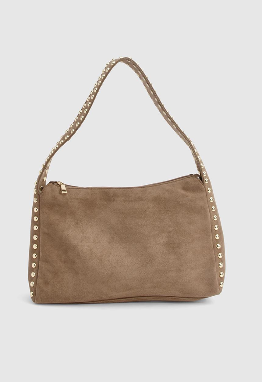 boohoo - Faux Suede Studded Handle Slouchy Shoulder Bag - taupe
